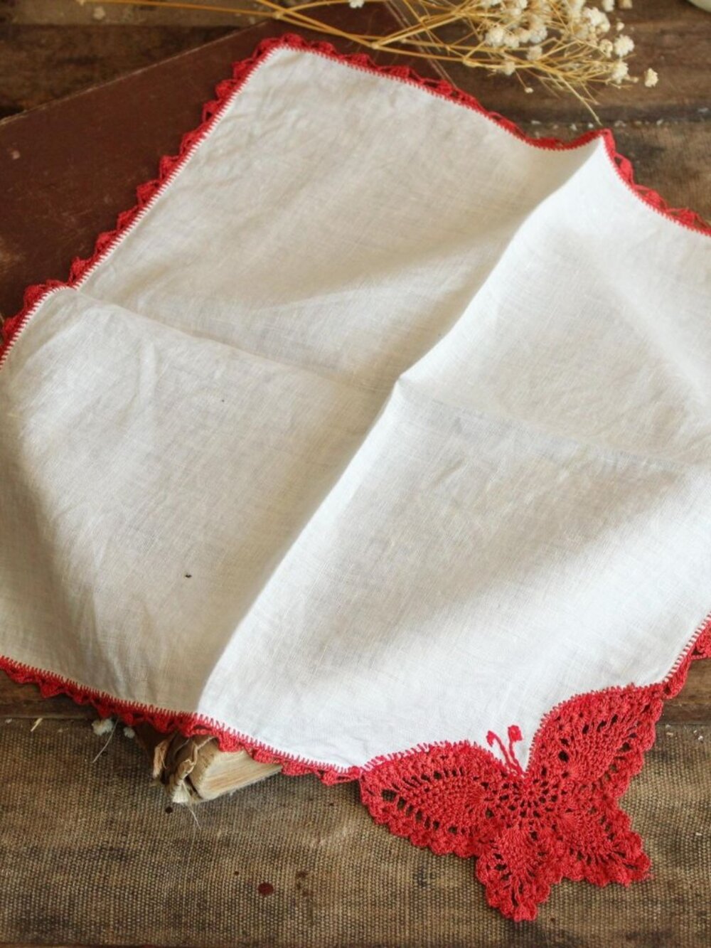 Vintage Handkerchief, Red Butterfly Crochet Hankie with Lace Trim